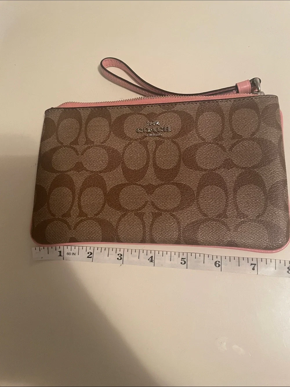 Coach Brown Signature large Wristlet with Pink Trim